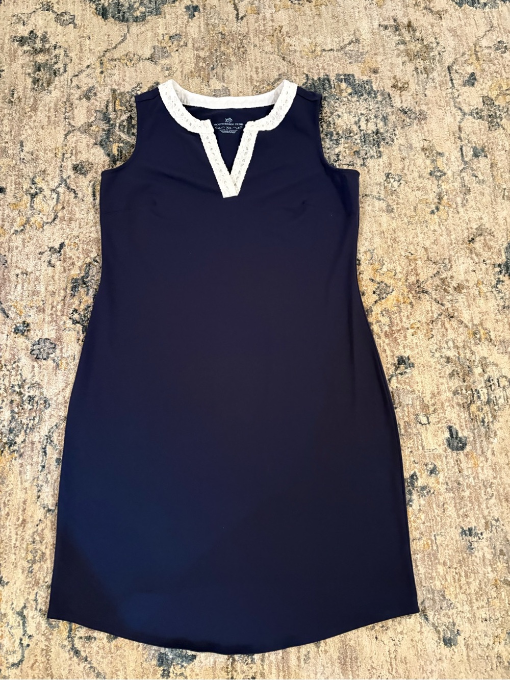 Southern Tide Navy Sleeveless Dress with White eyelet Trim